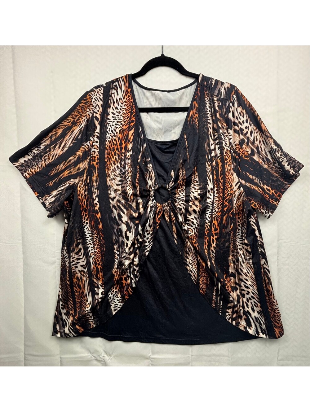Plus Size Animal Print V-Neck Top with Ring Detail